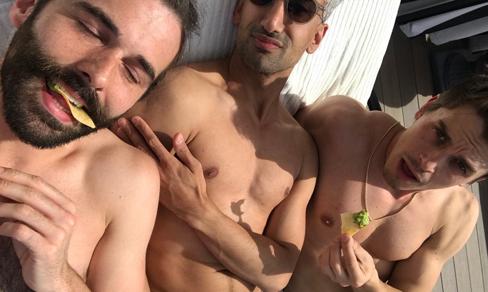 Jonathan, Antoni and Tan Lounge Shirtless Eating Guacamole