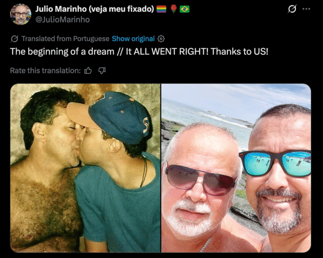 Screenshot of a tweet featuring JulioMarinho on X and his partner before and after, 35 years apart.