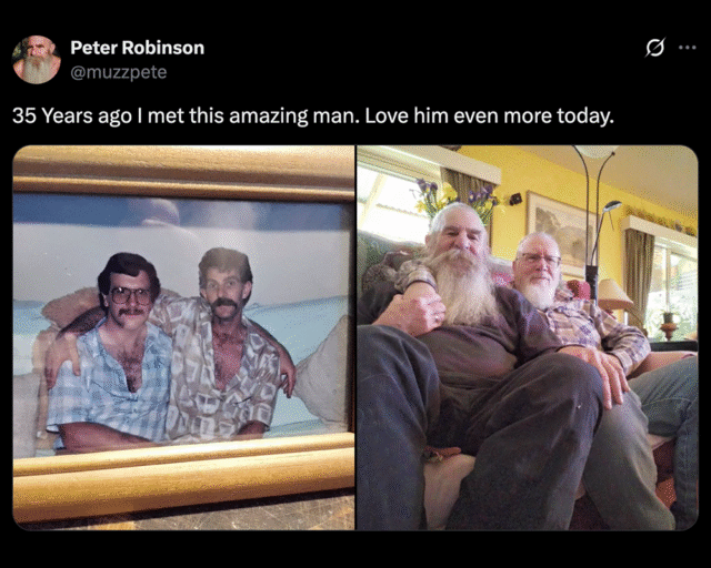 Screenshot of a tweet featuring Muzzpete on X and his partner before and after, 35 years apart.