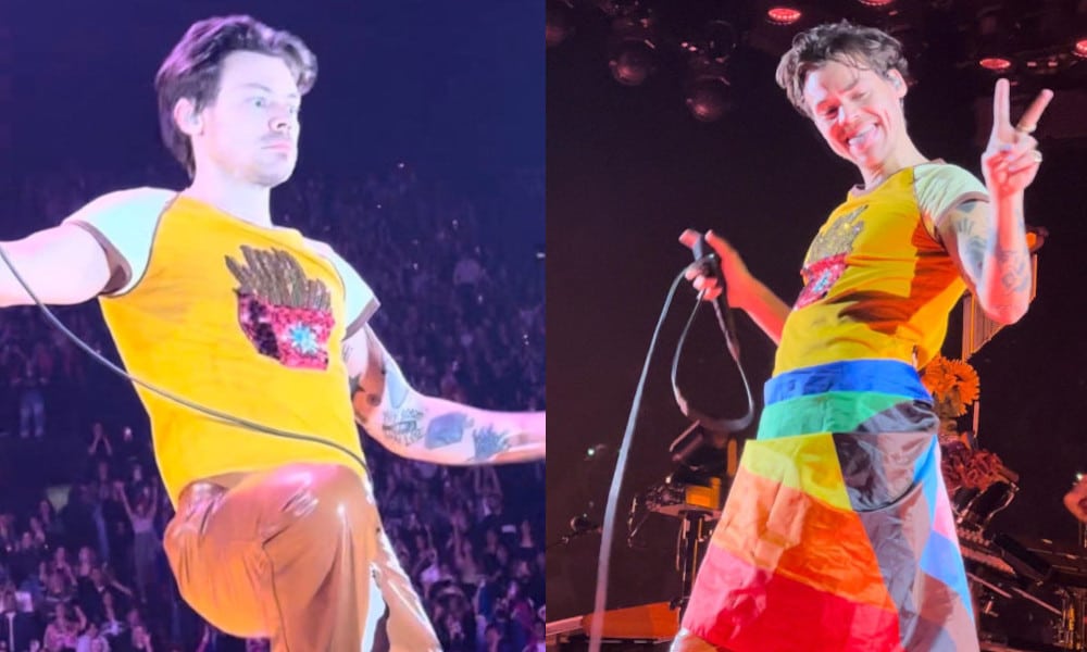 Harry Styles Rips Pants On Stage, Covers Himself with a Pride Flag