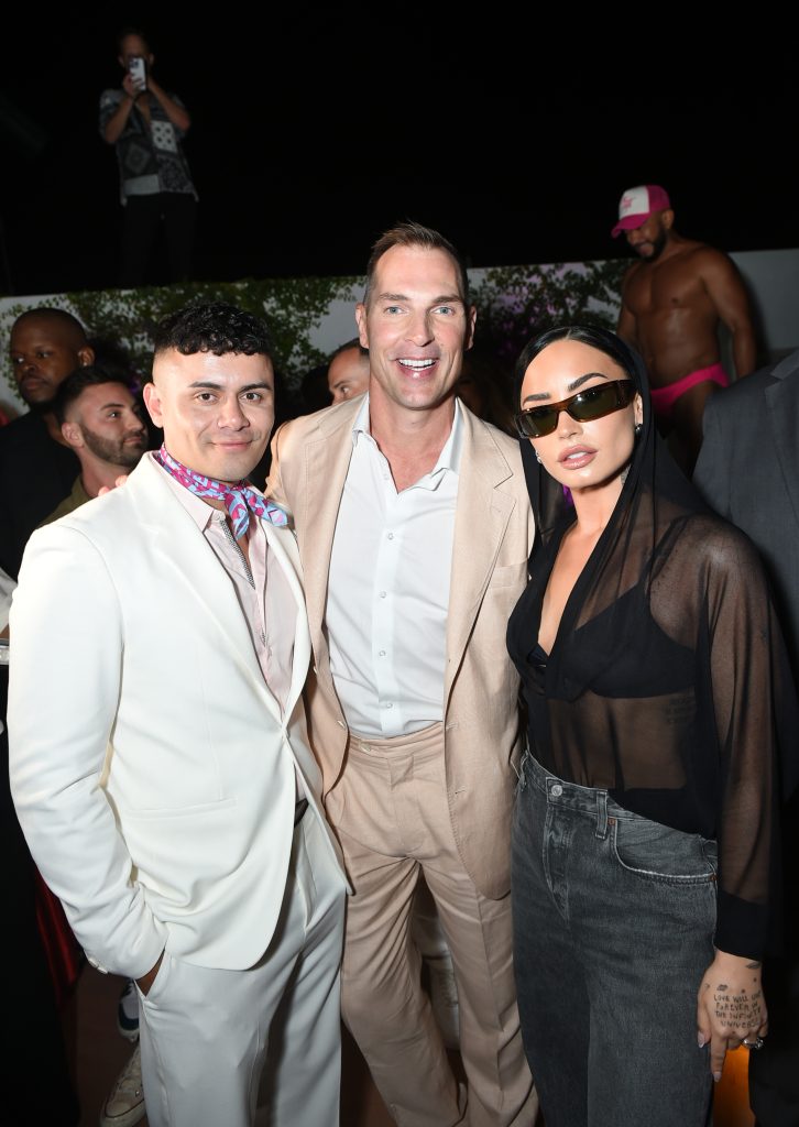 Melvin Alexander, Tristan Schukraft and Demi Lovato attend the opening night party at The Tryst Puerto Vallarta on April 25, 2025 in Puerto Vallarta, Mexico