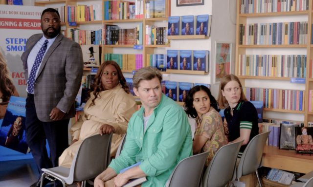 (L to R): Detective Summerville (Bashir Salahuddin), Vicky (Alex Newell), Darren (Andrew Rannells), Sona (Aparna Nancherla) and Stacey (Kelly McCormack) in ANOTHER SIMPLE FAVOR. / Photo: Prime Video