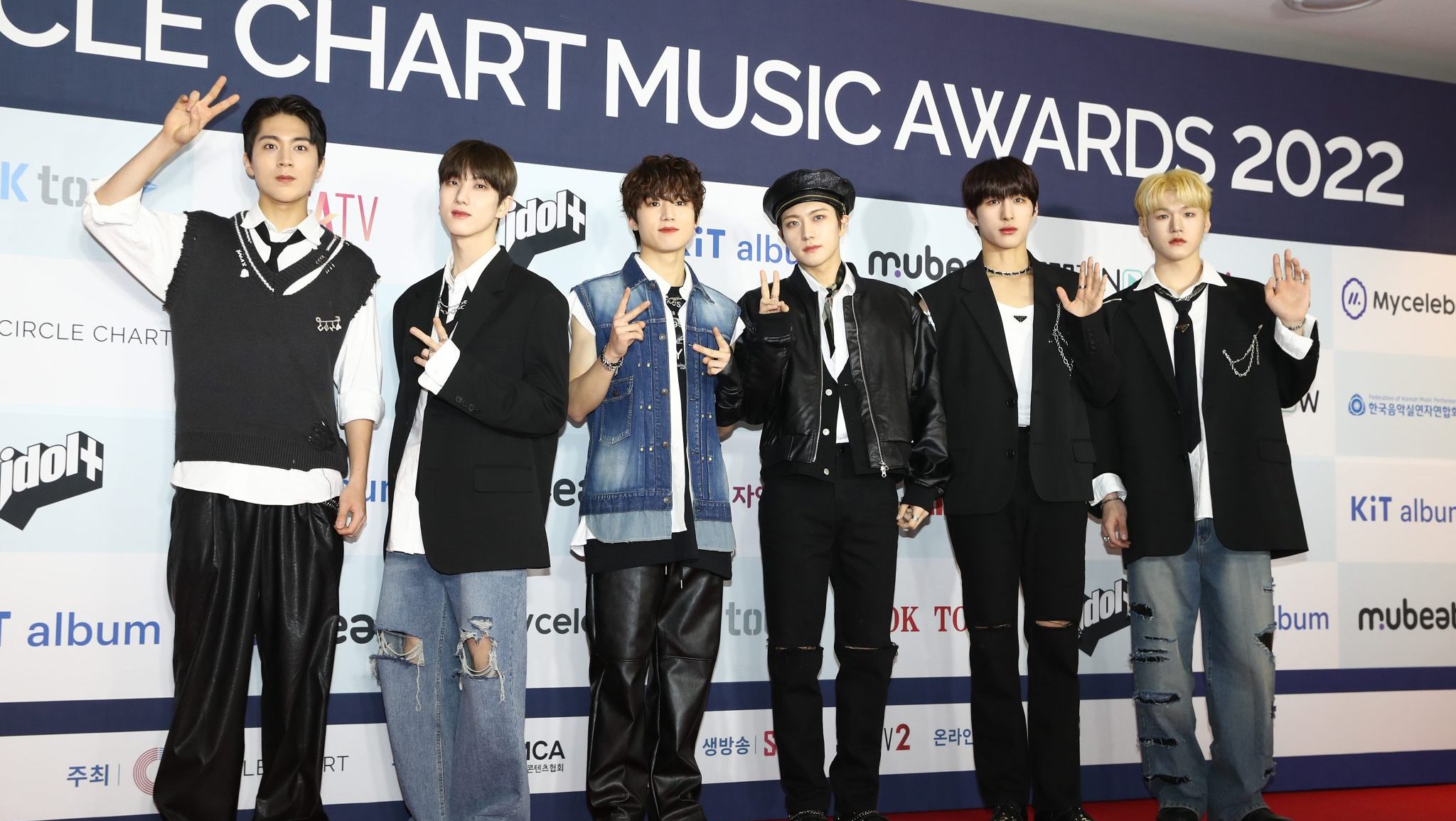 Geonu, Bain, Lim Ji-min, JM, DY and Sangwoo of Boy band JUST B attend the Circle Chart Music Awards on February 18, 2023 in Seoul, South Korea.