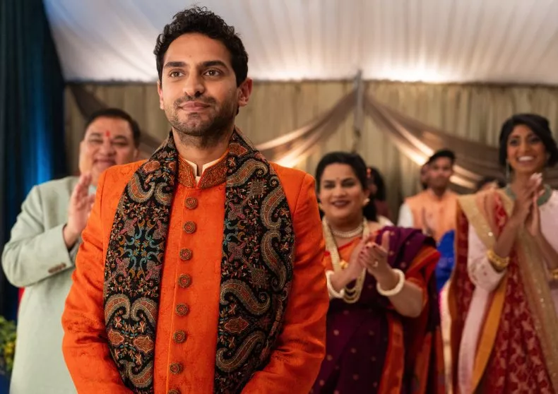 Harish Patel as Archit Gavaskar, Karan Soni as Naveen Gavaskar, Zarna Garg as Megha Gavaskar, Sunita Mani as Arundhathi Gavaskar in A Nice Indian Boy. Photo: Levantine Films