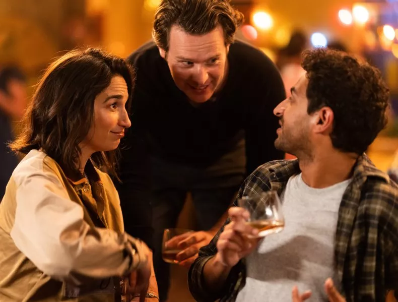 Sas Goldberg as Billie, Jonathan Groff as Jay Kurundkar, Karan Soni as Naveen Gavaskar in A Nice Indian Boy. Courtesy of Levantine Films