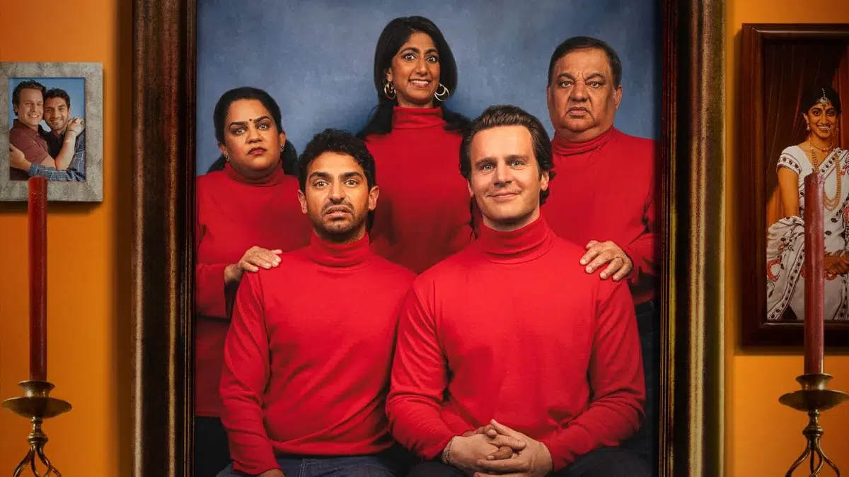 (L-R) Zarna Garg, Karan Soni, Sunita Mani, Jonathan Groff, and Harish Patel in the official poster for A Nice Indian Boy.