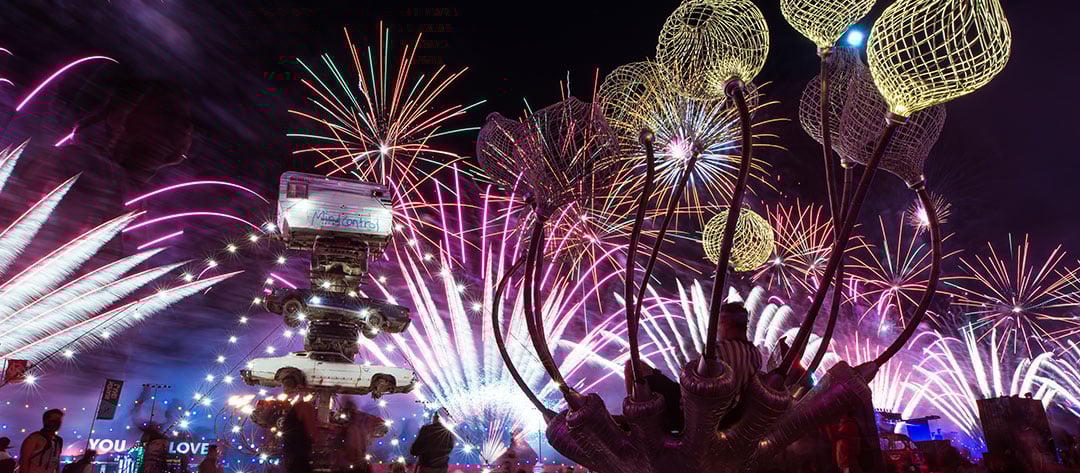 Fireworks shining bright in the sky and going festival-goers an amazing spectacle amongst the incredible DJ acts. Photo: EDC