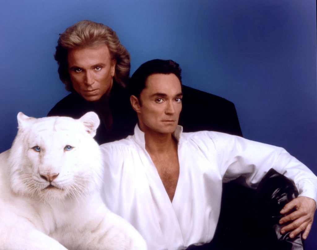 In this handout image provided by the Mirage Resort, Siegfried (L) and Roy (R) pose with a white tiger. Photo: Siegfried and Roy/The Mirage Resort/Getty Images