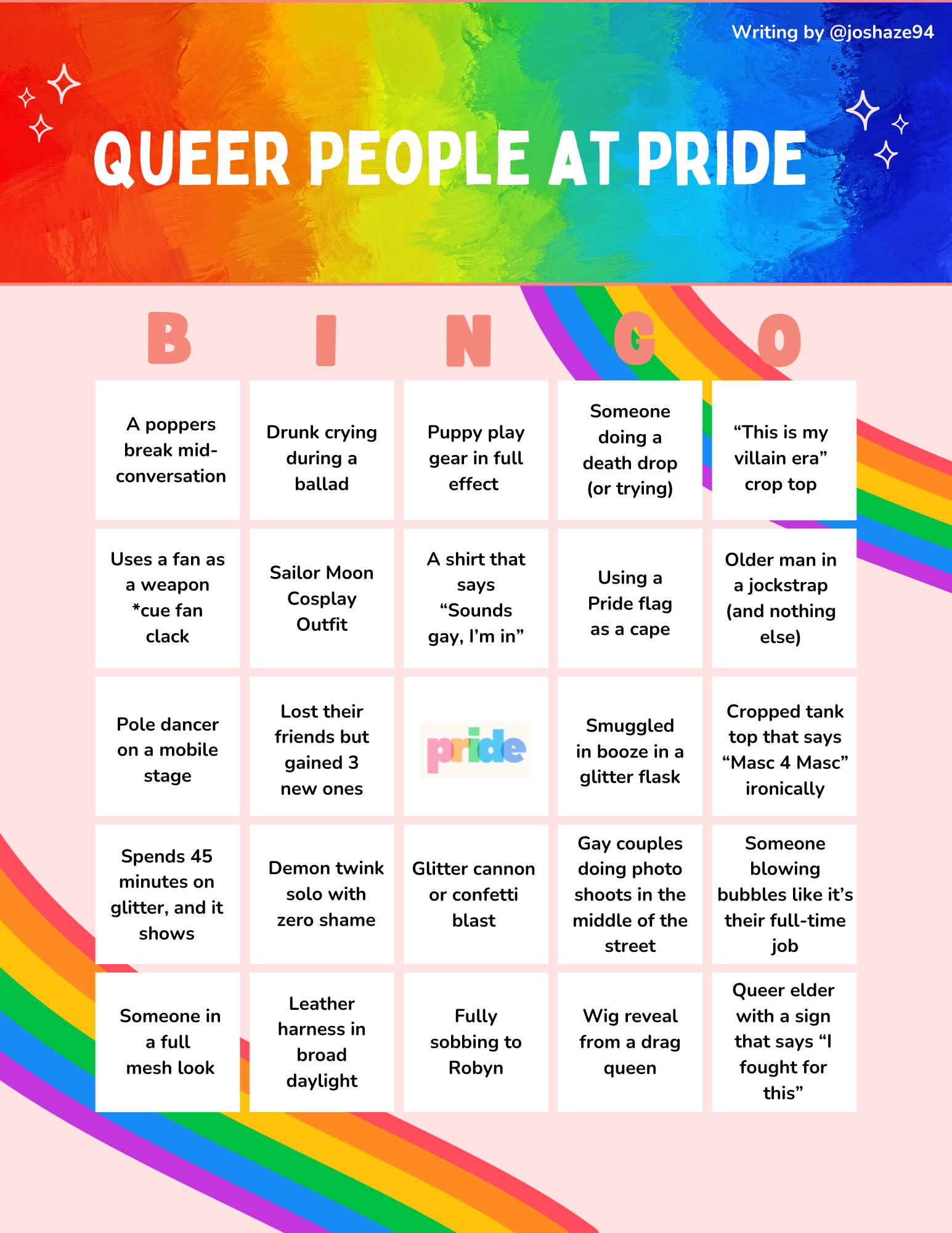 Playful Pride bingo cards are here to clock straight allies and queer icons alike. Print them, play them, and spot the chaos this festival season.