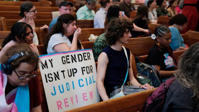 Activists attend a rally for transgender youth at the Lutheran Church of Reformation on June 18, 2025 in Washington, DC. Advocates organized the event in response to the U.S. Supreme Court’s ruling in U.S. v Skrmetti which upheld state bans on gender-affirming medical care for transgender youth.