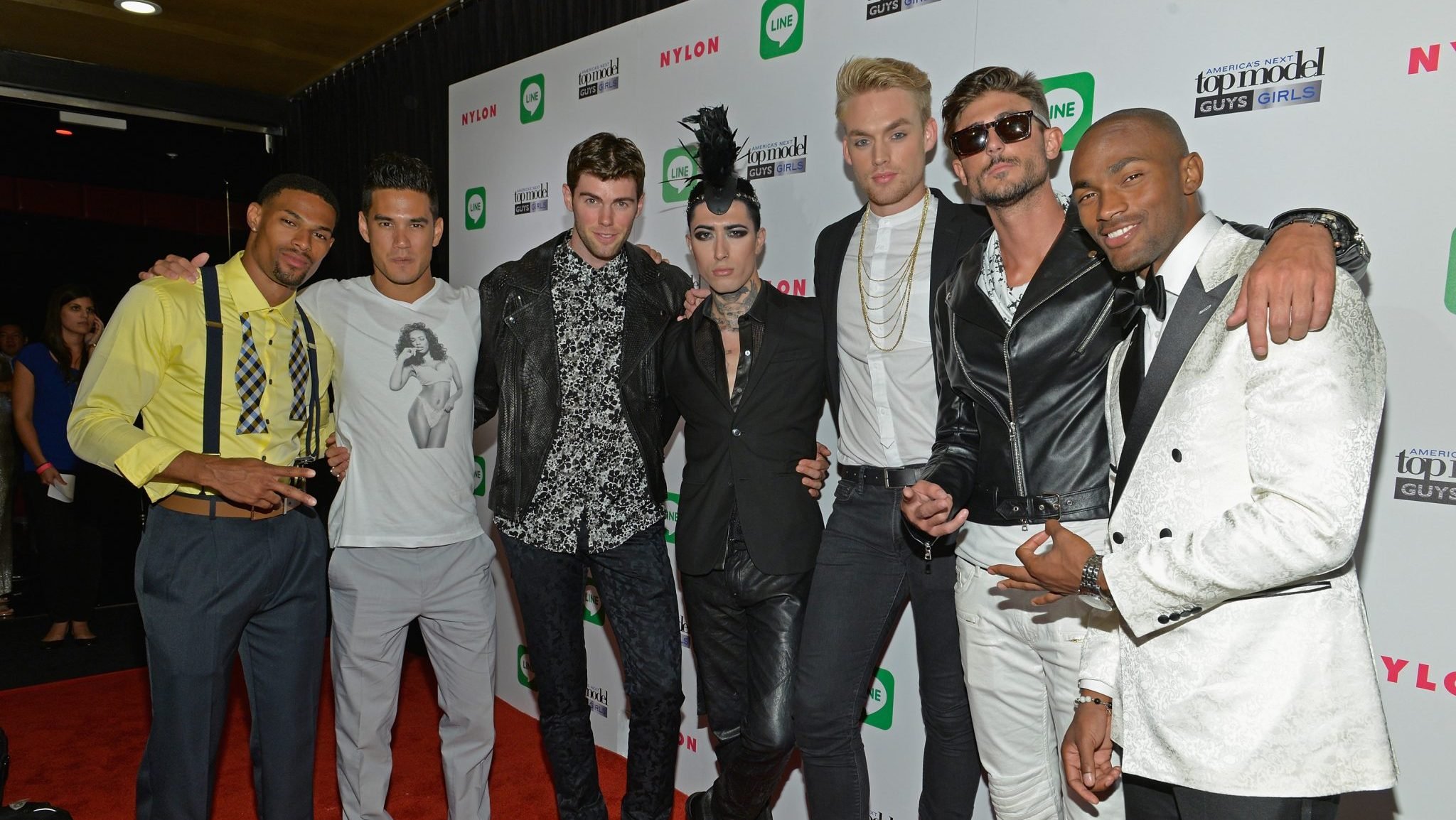 "America's Next Top Model" Cycle 21 finalists Denzel Wells, Adam Smith, Ben Schreen, Romeo Tostado, Will Jardell, Matthew Smith and Keith Carlos attend the premiere party for Cycle 21 of "America's Next Top Model" presented by NYLON magazine and the LINE messaging app at SupperClub Los Angeles on August 20, 2014 in Los Angeles, California.
