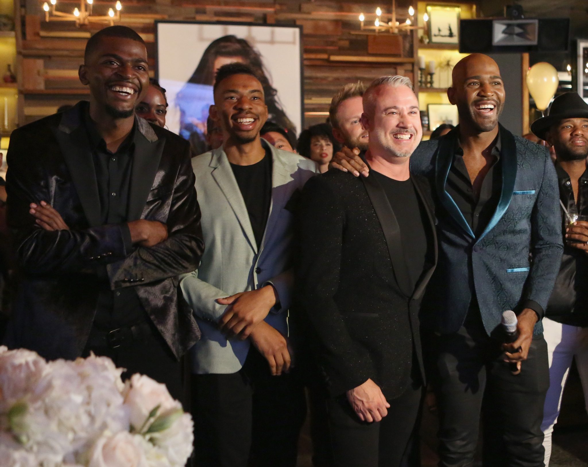 (L-R) Jason Brown, Christian Brown, Ian Jordan and Karamo Brown at Karamo Brown's engagement party at HYDE Sunset: Kitchen + Cocktails on May 9, 2018 in West Hollywood, California. 