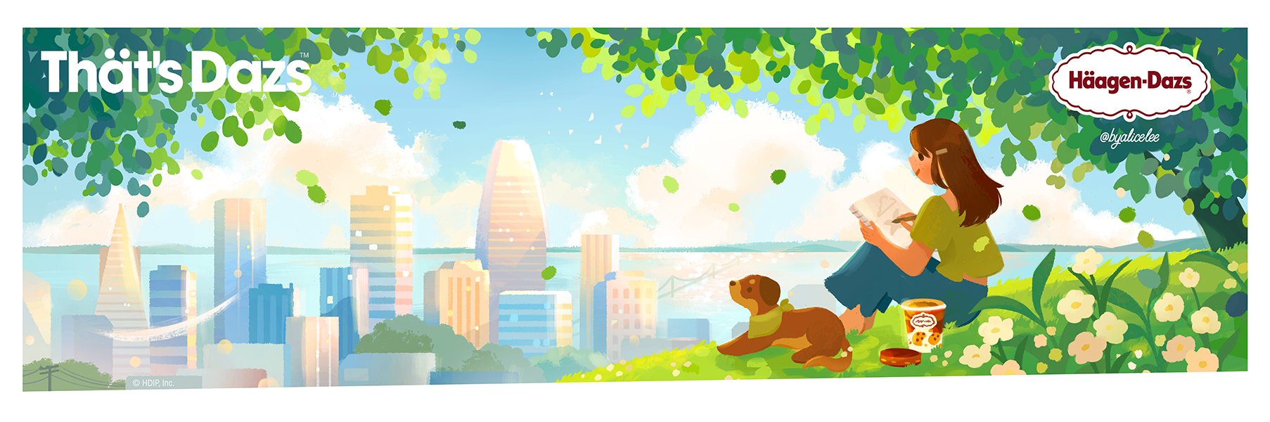 Alice Lee’s mural invites us to escape the city’s hustle and find serenity in simple pleasures. Under a leafy canopy, a woman relaxes with a good book and a pint of Häagen-Dazs, while a loyal dog lounges nearby.