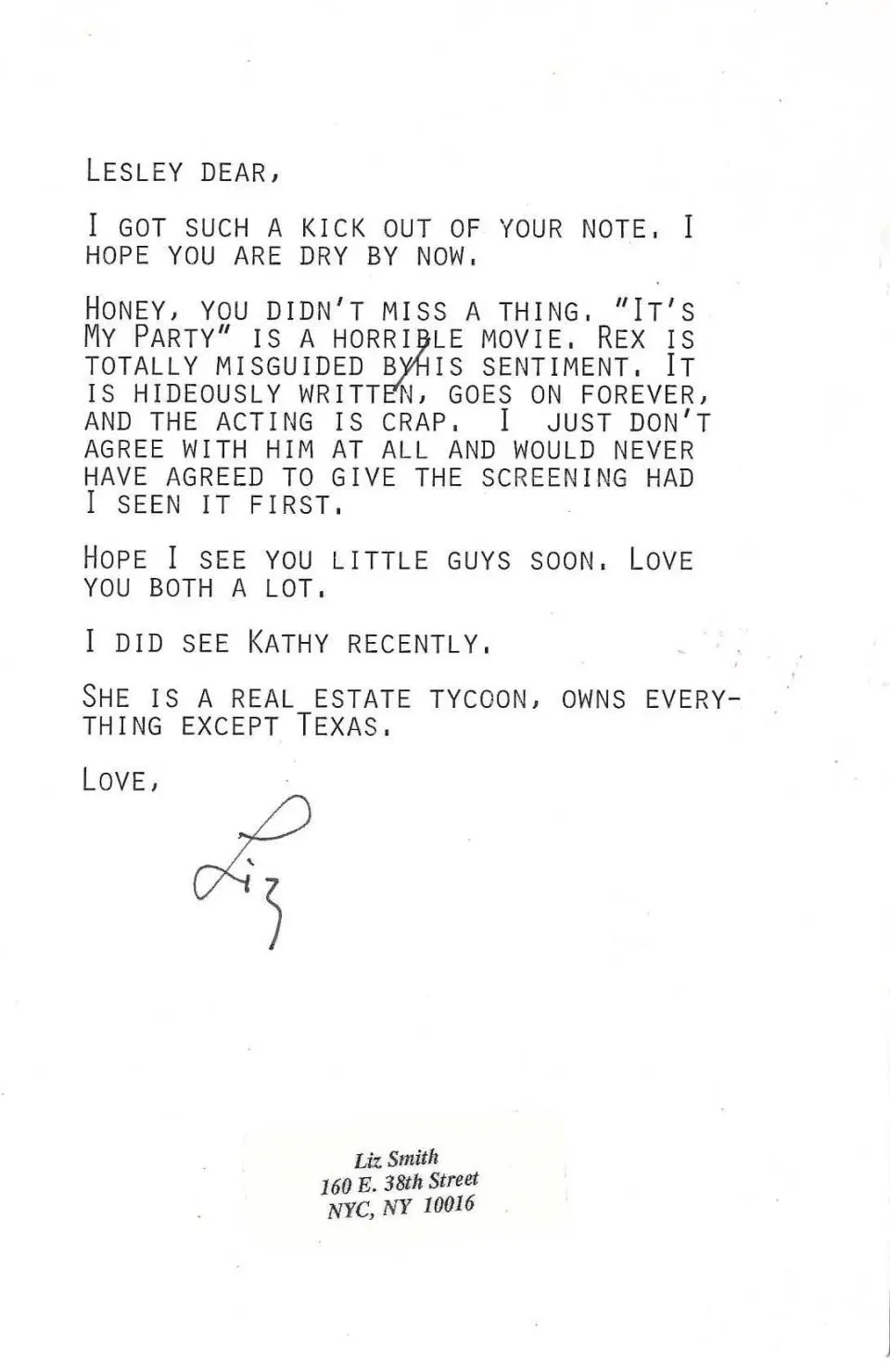 Letter to Lesley Gore from Liz Smith, c.1996.