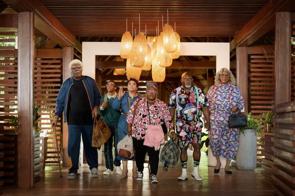 Madea's Destination Wedding. (L-R) Tyler Perry as Joe, Jermaine Harris as BJ, Tamela Mann as Cora, Cassi Davis Patton as Aunt Bam, David Mann as Mr. Brown and Tyler Perry as Madea in Madea's Destination Wedding. Cr. Quantrell Colbert/Perry Well Films 2/Courtesy Netflix