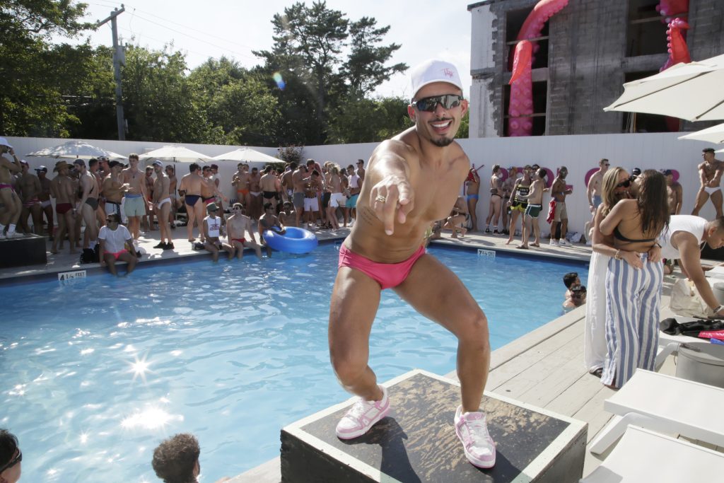 A dancer at The Tryst Pool Deck as Tryst Hospitality celebrates the 50th Invasion of Fire Island Pines on July 04, 2025 in Sayville, New York.