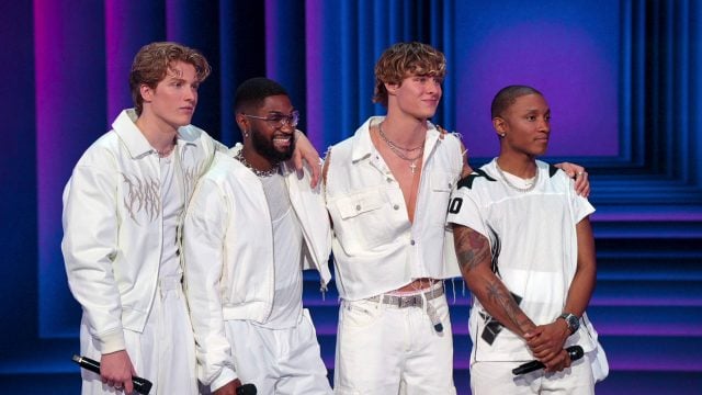 Building The Band. (L to R) Bradley Rittmann, Malik Heard, Landon Boyce, Shade Jenifer in episode 110 of Building The Band. Cr. Courtesy of Netflix © 2025