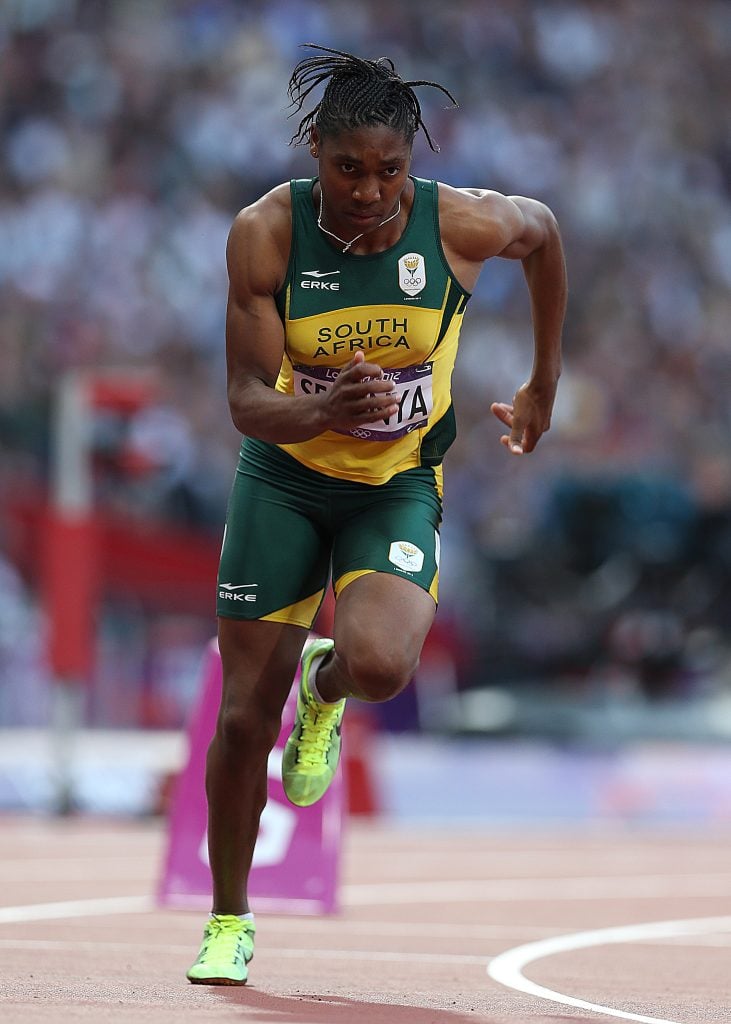 Caster Semenya of South Africa competes in the heats of the women's 800m, during the 2012 London Olympics at The Olympic Stadium on August 09, 2012 in London, England. 
