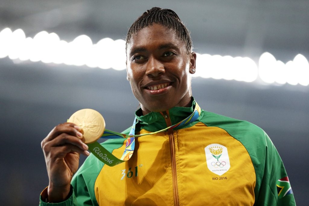 Gold medalist Caster Semenya of South Africa stands on the podium during the medal ceremony for the Women's 800 meter on Day 15 of the Rio 2016 Olympic Games at the Olympic Stadium on August 20, 2016 in Rio de Janeiro, Brazil.