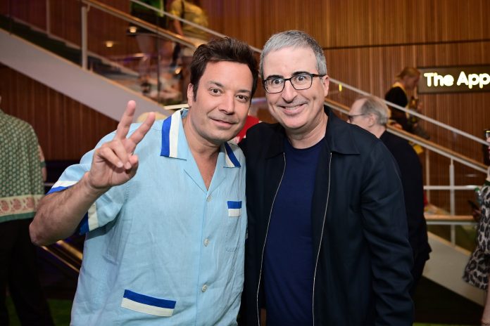 NEW YORK, NEW YORK - JULY 21: (L-R) Jimmy Fallon and John Oliver attend the Happy Gilmore 2 World Premiere at Jazz at Lincoln Center on July 21, 2025 in New York City. (Photo by Roy Rochlin/Getty Images for Netflix)