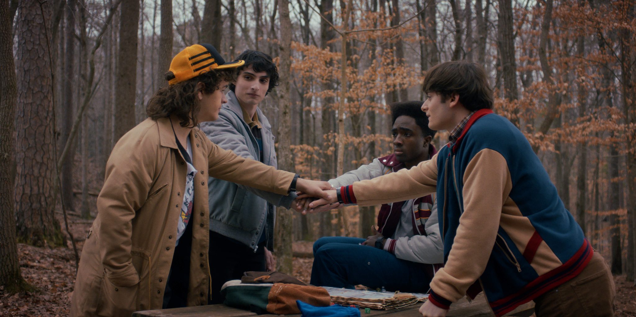 STRANGER THINGS. (L to R) Gaten Matarazzo as Dustin Henderson, Finn Wolfhard as Mike Wheeler, Caleb McLaughlin as Lucas Sinclair, and Noah Schnapp as Will Byers in STRANGER THINGS. Cr. Courtesy of Netflix © 2025