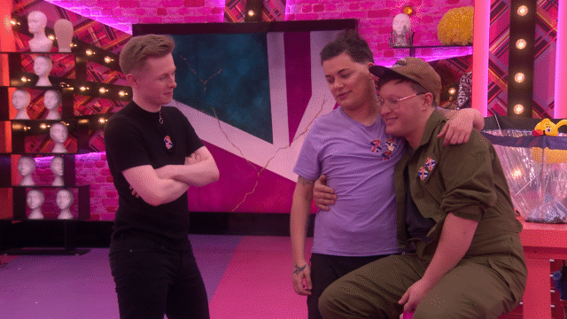 Blu Hydrangea, Baga Chipz, and The Vivienne competing on RuPaul's Drag Race UK Season 1.