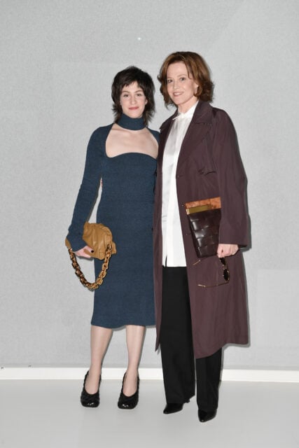 Char Simpson and Sigourney Weaver attend the Bottega Veneta fashion show during the Milano Fashion Week Fall / Winter 2020 - 2021 on February 22, 2020 in Milan, Italy.