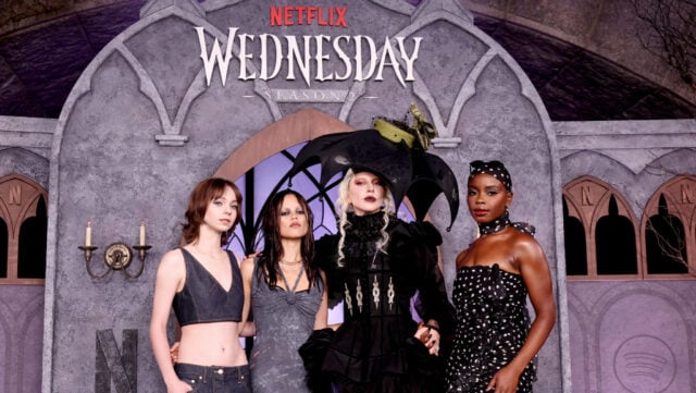 Emma Myers, Jenna Ortega, Lady Gaga and Joy Sunday attend the Netflix x Spotify Wednesday Season 2 Graveyard Gala at Guastavino's on August 28, 2025 in New York City.