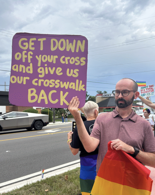 Pulse Nightclub protestors rally around the sidewalk. Photo: queernewsdaily