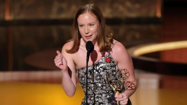 Hannah Einbinder accepts the Outstanding Supporting Actress in a Comedy Series award for "Hacks" onstage during the 77th Primetime Emmy Awards at Peacock Theater on September 14, 2025 in Los Angeles, California.