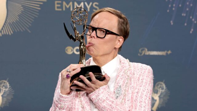 Jeff Hiller, winner of Outstanding Supporting Actor in a Comedy Series for "Somebody Somewhere," poses in the press room during the 77th Primetime Emmy Awards at Peacock Theater on September 14, 2025 in Los Angeles, California.
