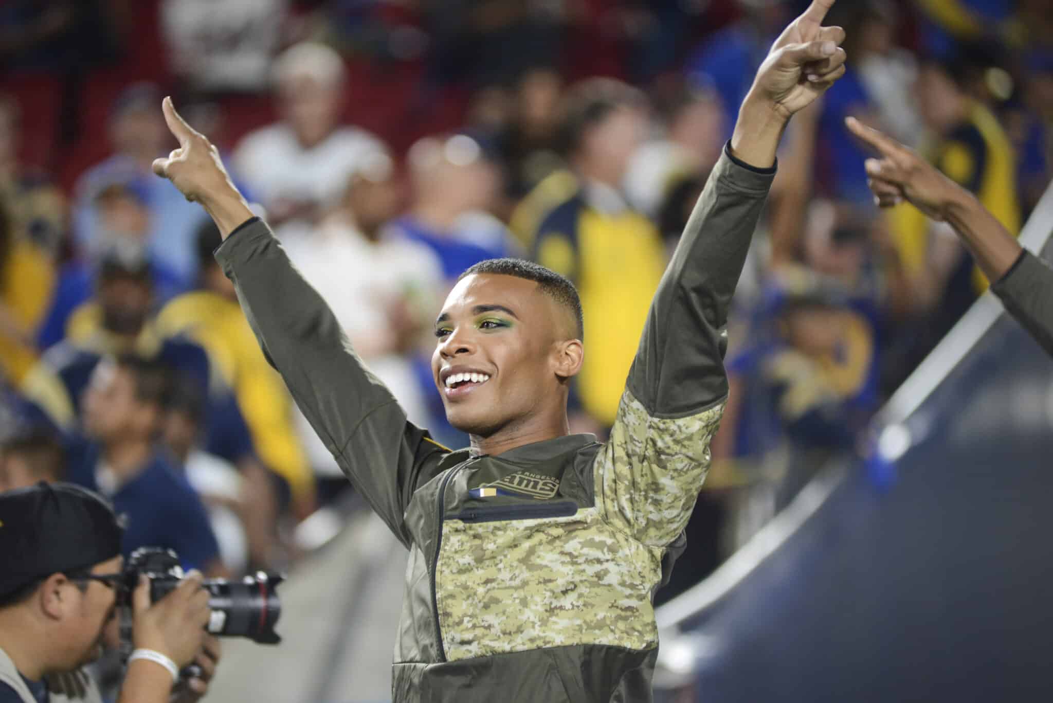 Los Angeles Rams cheerleader Napoleon Jinnies enters the field for the game against the Chicago Bears at Los Angeles Memorial Coliseum on November 17, 2019 in Los Angeles, California.