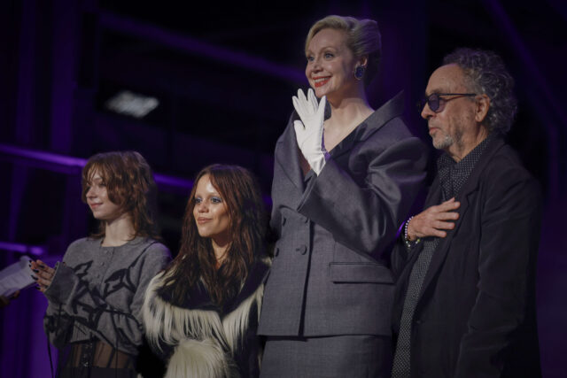 SYDNEY, AUSTRALIA - AUGUST 14: Emma Myers, Jenna Ortega, Gwendoline Christie and Tim Burton attend the "Wednesday" S2, Part 2 event on Cockatoo Island on August 14, 2025 in Sydney, Australia. (Photo by Hanna Lassen/Getty Images for Netflix)