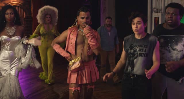 Dominique Jackson , Nina West , Tomás Matos , Quincy Dunn - Baker , Katy O'Brian , and Jaquel Spivey in Tina Romero’s QUEENS OF THE DEAD. Courtesy of Shannon Madden. An Independent Film Company and Shudder Release.