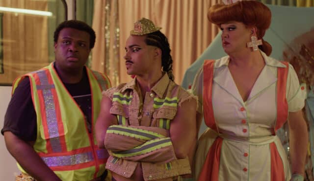 Jaquel Spivey, Tomás Matos, and Nina West in Tina Romero’s QUEENS OF THE DEAD. Courtesy of Shannon Madden. An Independent Film Company and Shudder Release