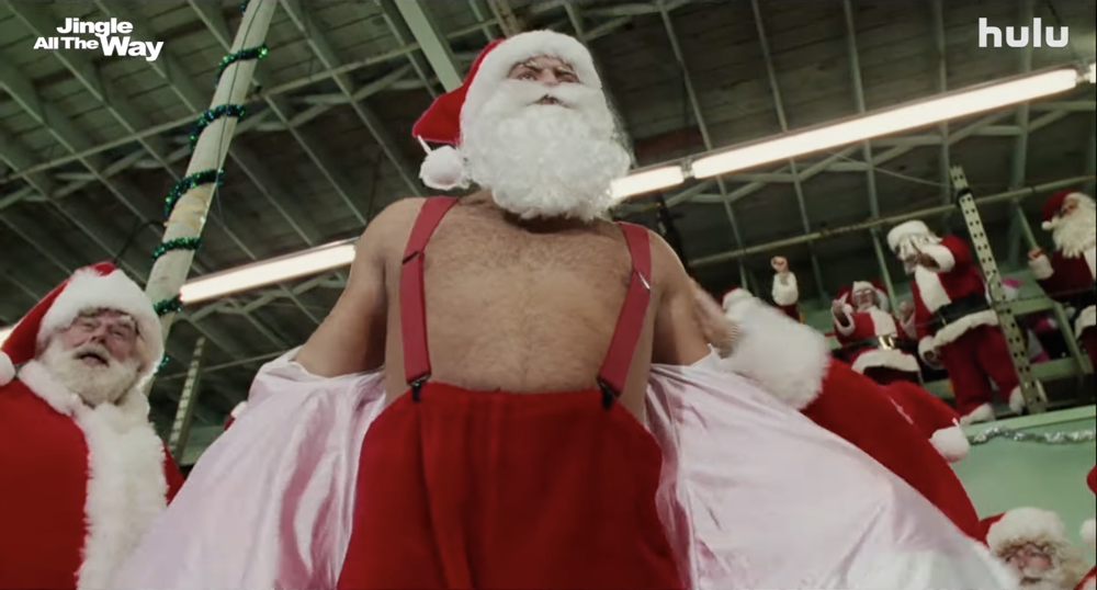 Multiple Santas fighting Arnold Schwarzenegger in a brawl in Jingle All the Way (1996)