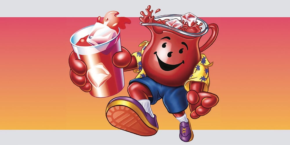 The Kool-Aid Man mascot, giant red pitcher wearing blue shorts and a yellow Hawaiian shirt.