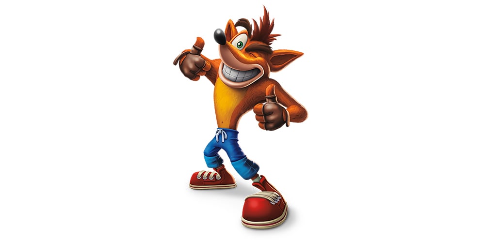 Crash Bandicoot, the orange video game mascot with spiky hair and jeans.