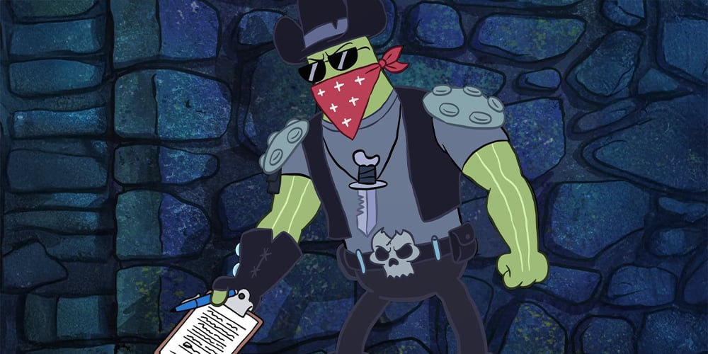 Dennis from The SpongeBob SquarePants Movie, leather-clad bounty hunter with boots and a red bandana.