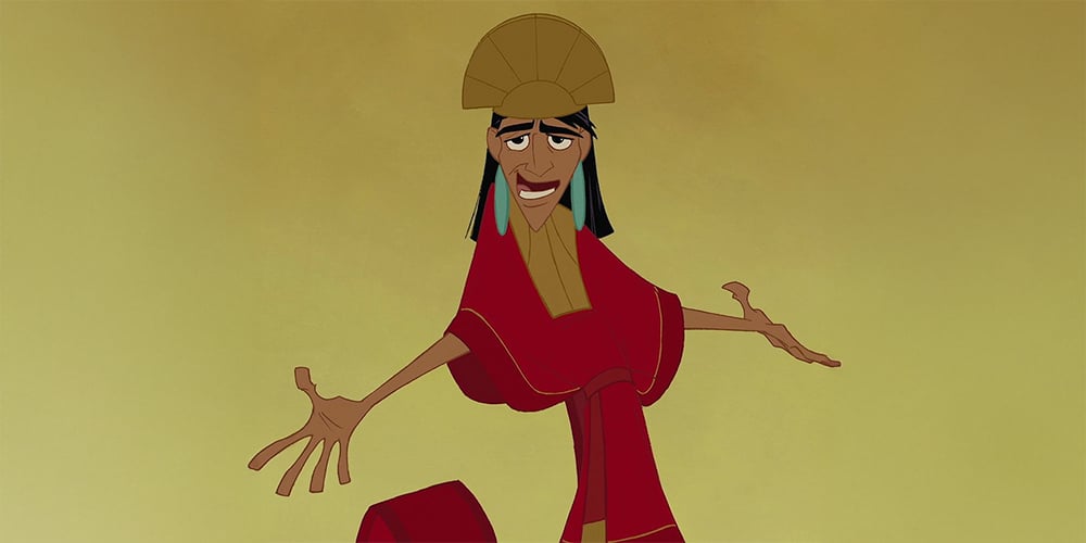 Disney’s Kuzco from The Emperor’s New Groove, in red robes and turquoise earrings.