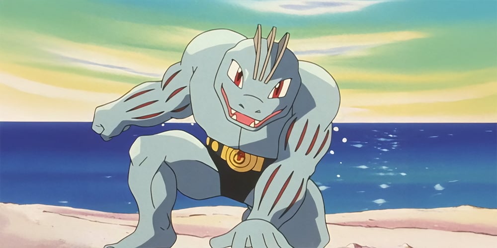 Pokémon Machoke, muscular Fighting-type Pokémon with championship belt.