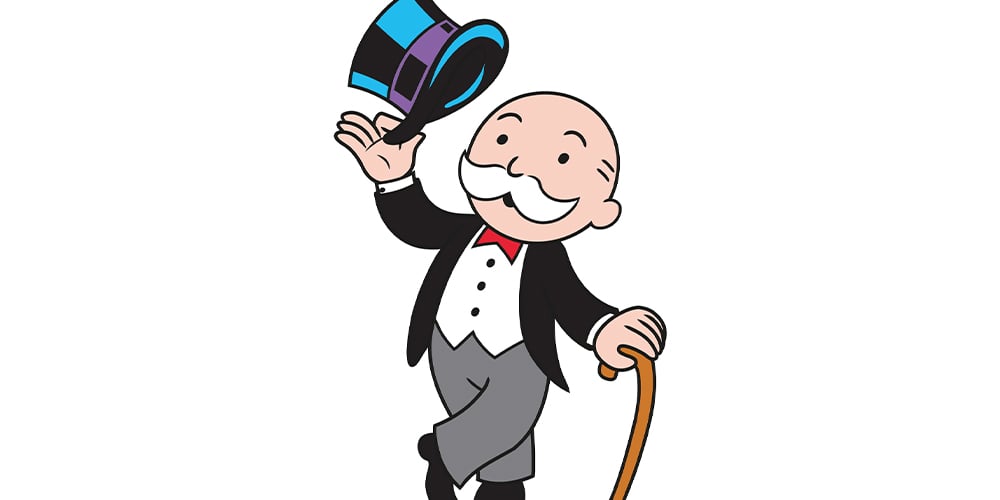 The Monopoly Man (Rich Uncle Pennybags), mustached board game mascot in top hat and tuxedo.