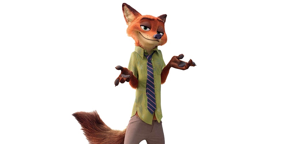 Nick Wilde from Zootopia, the sly red fox in a green shirt and tie.