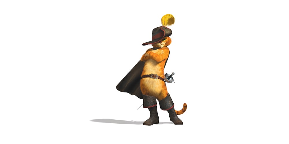 Puss in Boots from DreamWorks’ Shrek spin-offs, sword-wielding cat in boots and hat.