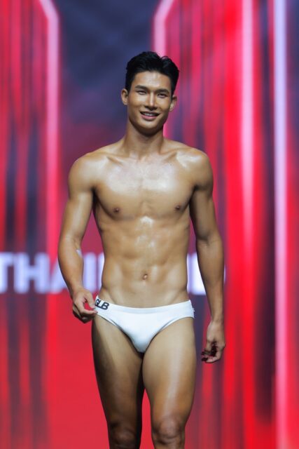 The men of Mister Global 2025 walk the stage for the swimsuit category in Thailand.