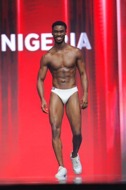 The men of Mister Global 2025 walk the stage for the swimsuit category in Thailand.