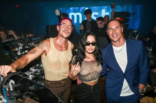 Diplo, Demi Lovato, and Tristan Schukraft, Owner, The Abbey, attend MISTR's National PrEP Day at The Abbey on October 09, 2025 in West Hollywood, California.