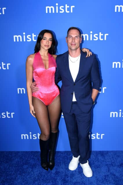 Dua Lipa and Tristan Schukraft, Owner, The Abbey, attend MISTR's National PrEP Day at The Abbey on October 09, 2025 in West Hollywood, California.