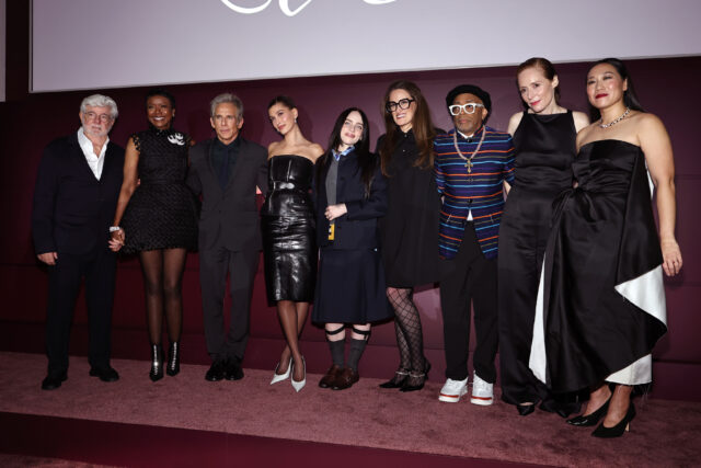 (L-R) George Lucas, Mellody Hobson, Ben Stiller, Hailey Bieber, Billie Eilish, Sarah Ball, Spike Lee, Nadège Vanhée and Priscilla Chan speak onstage during the WSJ. Magazine 2025 Innovator Awards at MoMA on October 29, 2025 in New York City.  