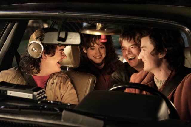 STRANGER THINGS. (L to R) Gaten Matarazzo as Dustin Henderson, Natalia Dyer as Nancy Wheeler, Charlie Heaton as Jonathan Byers, and Joe Keery as Steve Harrington of STRANGER THINGS. Cr. Andrew Cooper/Netflix © 2024